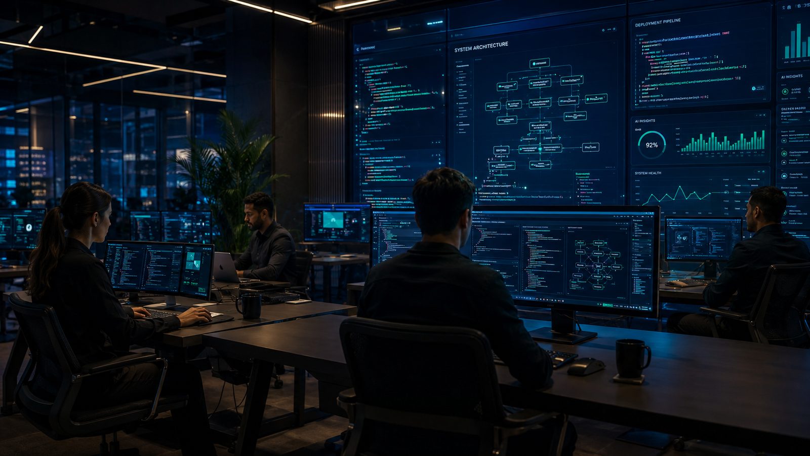 Mentorzy i kursanci pracujący przy kodzie w studio CodeYard